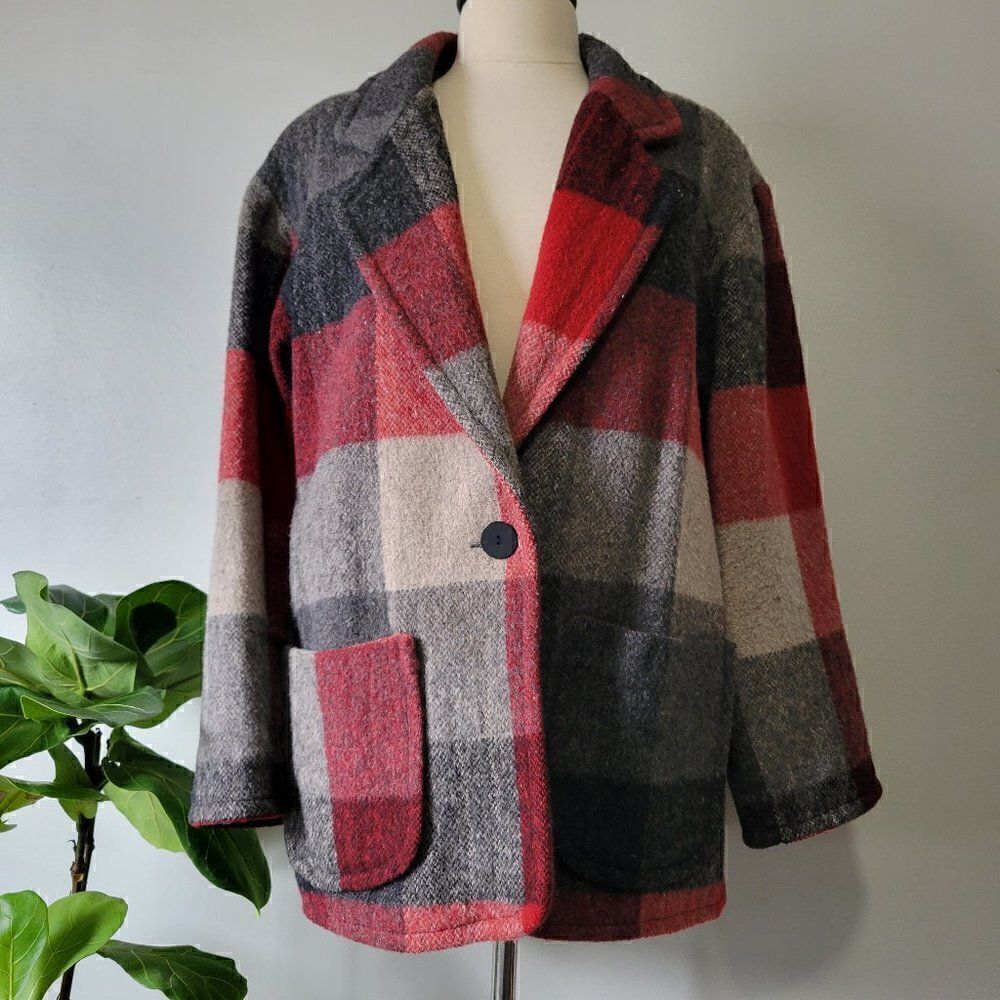 EXCELLENT USED FRENCH COUNTRY EXPRESS PLAID WOOL BLEND LAPEL JACKET COAT SIZE S